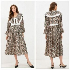 NEW Sister Jane Niece Oversized Ruffled Collar Floral Pleated Midi Dress Size M